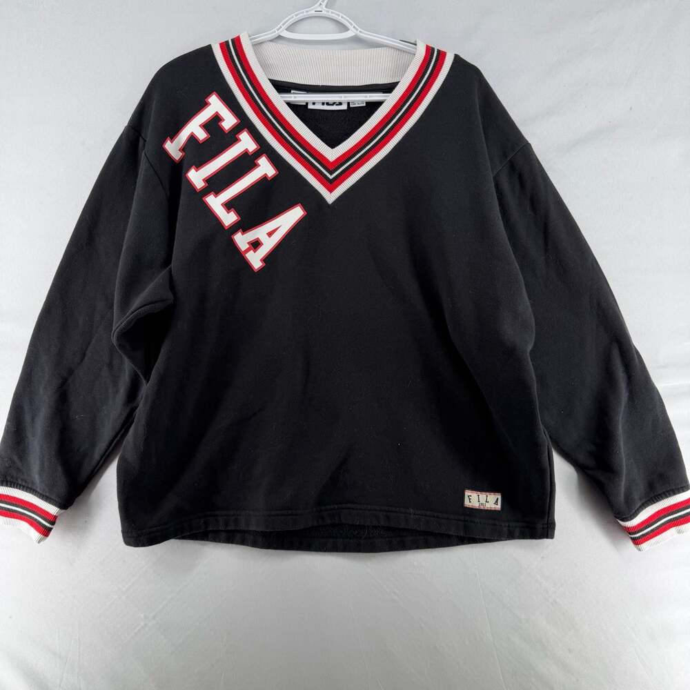 1413 Fila V-Neck Sweatshirt with Spellout Logo, Black, Size XL
